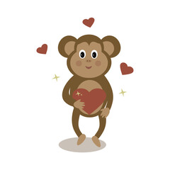 monkey holding a heart in his hands.illustration for Valentine's Day