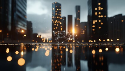 Fototapeta premium A cityscape at night from a futuristic era, with elements interconnected by dots and lines