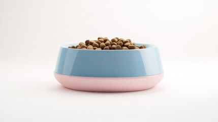 Isolated on white, pastel depiction of a pet food bowl in soft blue and pink, filled with kibble.