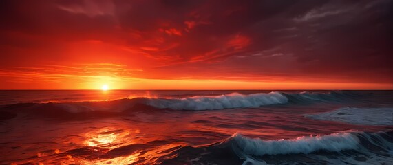 A vibrant red sunset setting the horizon ablaze over tranquil ocean waves where the sea reflects a dazzling display of fiery colors
