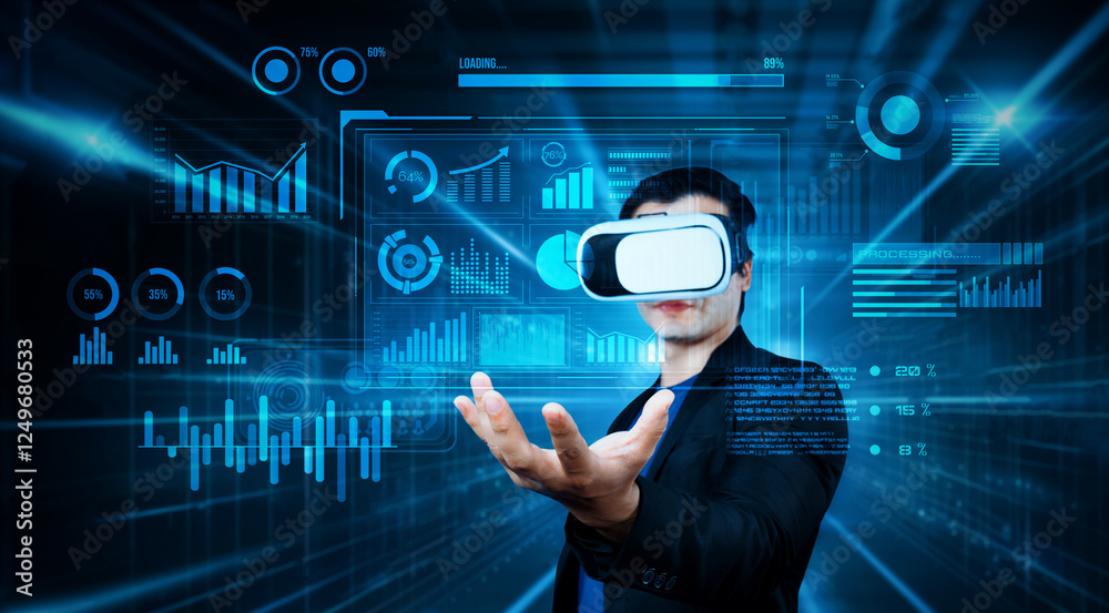 Poster smart business man with goggles working while using ai technology. manager accessing at global netwo