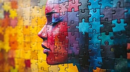 A striking artwork of a female face created using puzzle pieces, combining vivid colors and intricate details to evoke emotions and thoughts about identity and individuality.