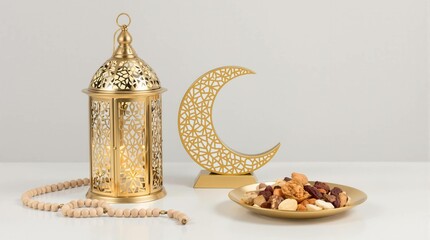 A gold lantern with a lit candle sits on a table next to a plate of nuts
