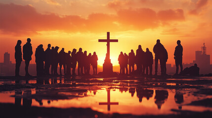 People standing in front of cross at sunset. Religious family praying at a funeral in silhouette at sunset. A statue of a crucifix gathered by people at sunrise. Individuals positioned near lifestyle.