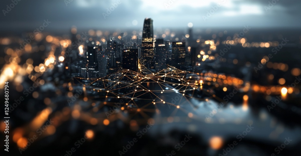 Poster 3d render abstract line and dot design of a smart city interlaced with a gradient line to symbolize 