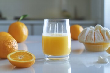 Freshly squeezed orange juice served in a clear glass among ripe oranges in a kitchen setting