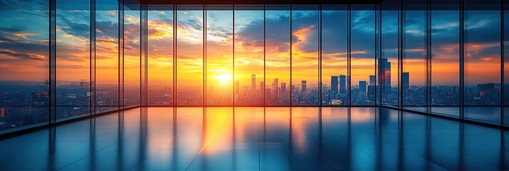 Majestic sunset view from a modern high-rise building overlooking a bustling city