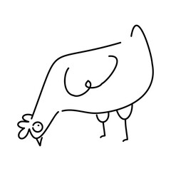 A line icon of an eating rooster. Fun chicken contour. Isolated on white