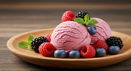 A creamy pink berry ice cream scoop, topped with assorted berries and mint for a refreshing touch.
