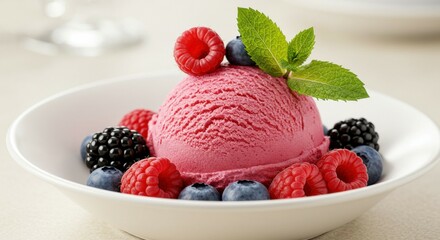 A mouthwatering pink berry ice cream scoop surrounded by fresh fruit, perfect for food menus.
