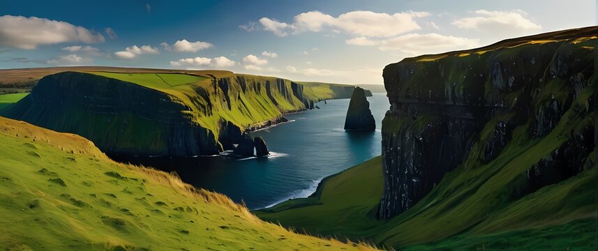 A vibrant depiction of Irish countryside where lush green hills meet rugged cliffs against a bright blue sky celebrating natural beauty