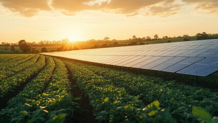 Field of crops with solar panel in agricultural farm setting under clear blue sky
