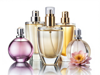 Various Woman's Perfume bottles with flowers on white background