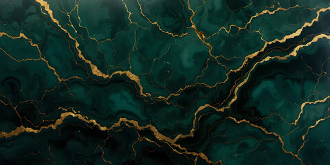 dark green and gold marble texture with fluid ink streaks, shimmering metallic veins, and a luxurious glossy finish for elegant backgrounds and designs