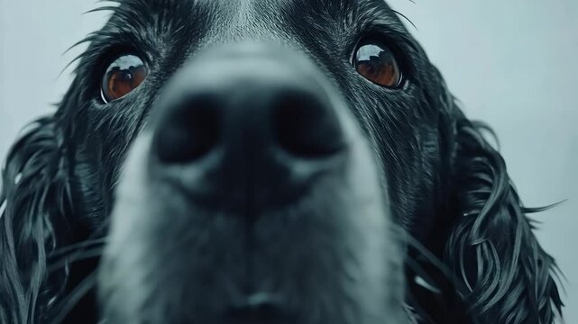 Close-up of a wet dog showcasing expressive eyes and textured fur in a soft-focused setting