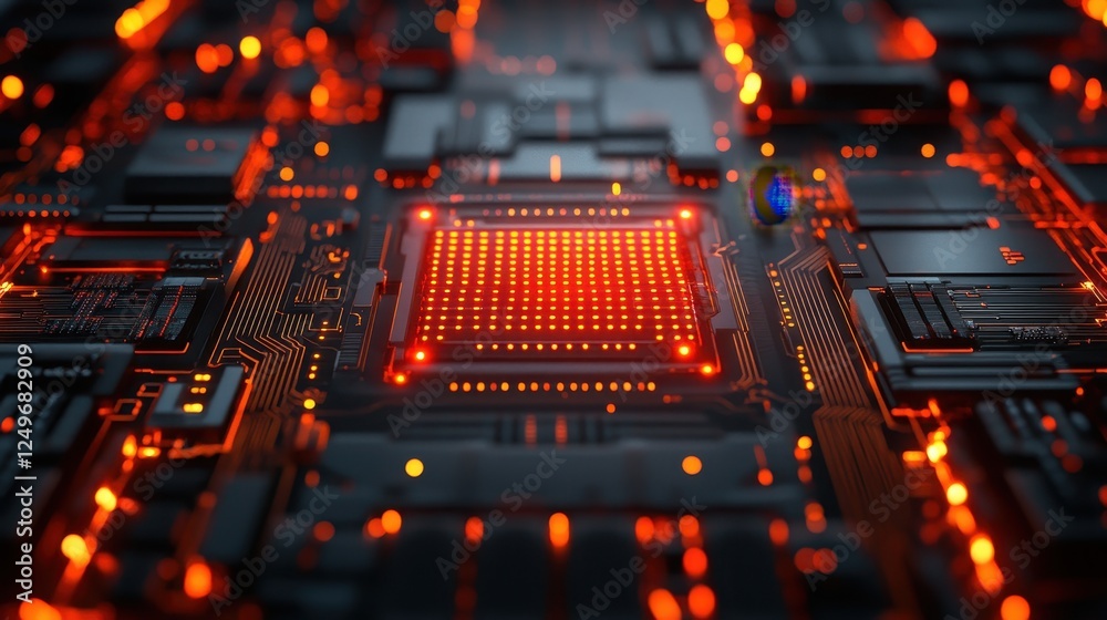 Poster Glowing CPU chip on circuit board; technological background; data processing