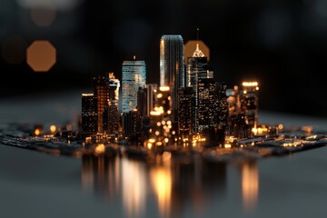 A futuristic diagram featuring a glowing wireframe of smart city backgrounds