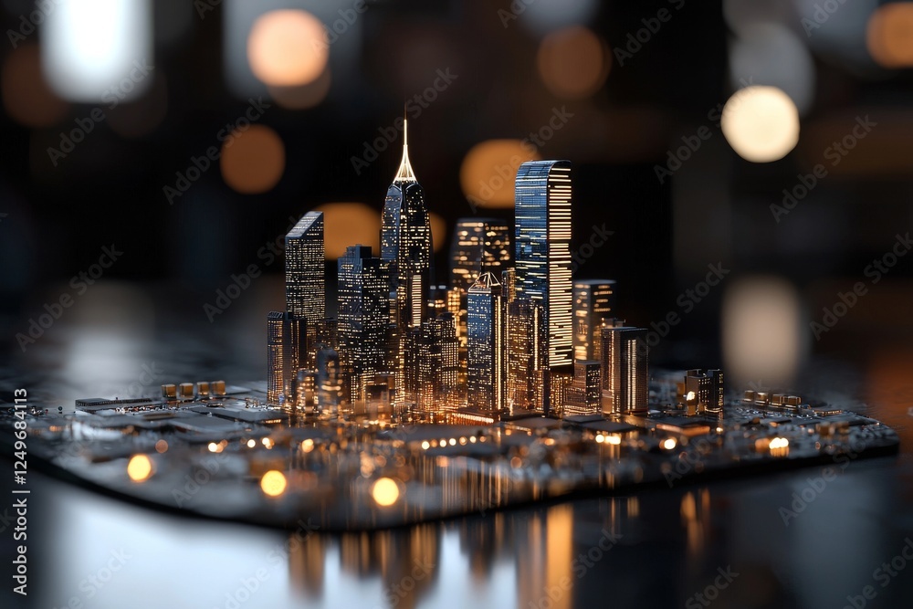 Poster a sci-fi rendering of a futuristic microchip city, set against a background of computer science and 