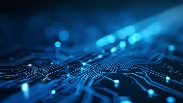 Digital circuit board with glowing blue connections in dark background. Tech network concept. Futuristic technology visualization