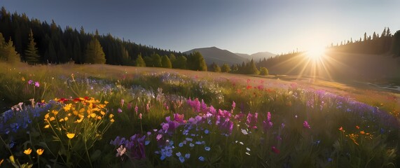 A tranquil representation of a sunlit meadow filled with colorful wildflowers where each bloom adds vibrancy to a calm outdoor setting