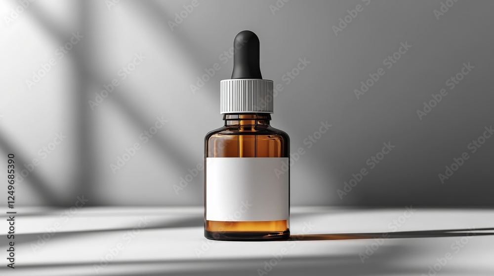 Poster minimalist amber glass dropper bottle with blank label displayed against a soft grey background and 