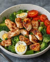 Fototapeta premium This hearty salad showcases tender chicken pieces, boiled eggs, and fresh broccoli, nestled among colorful cherry tomatoes. A delightful meal perfect for lunch or dinner