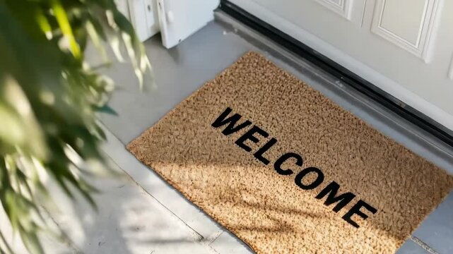 Door mat in front of entrance door on floor outdoors. Brown natural coir door mat with word Welcome near white door in terrace of house