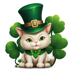 White Leprechaun Cat in Green Hat with Clover