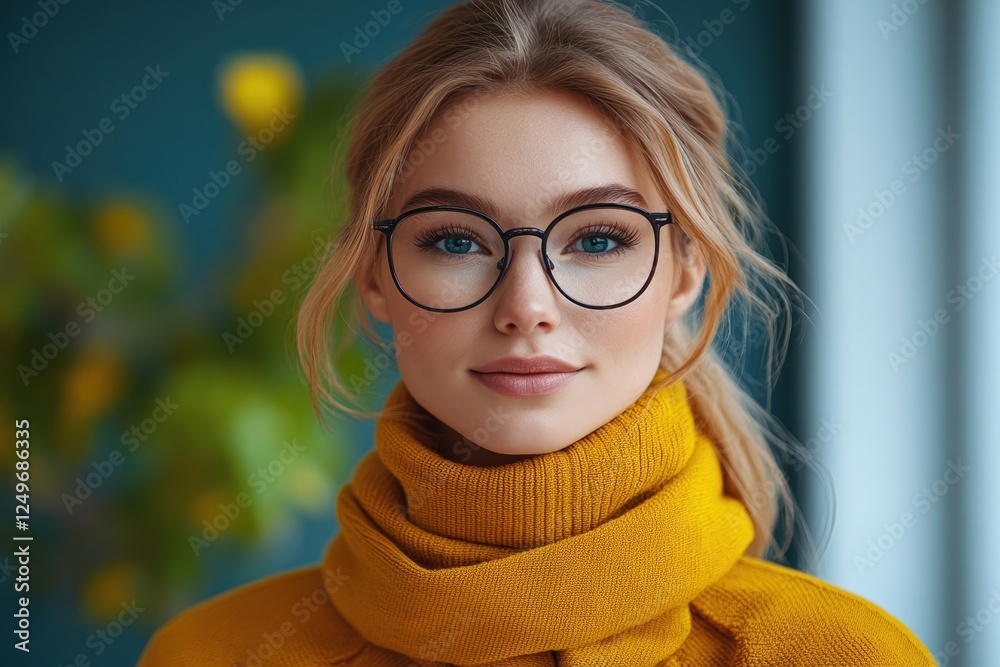 Wall mural Captivating portrait of a woman in a cozy yellow scarf against a vibrant backdrop