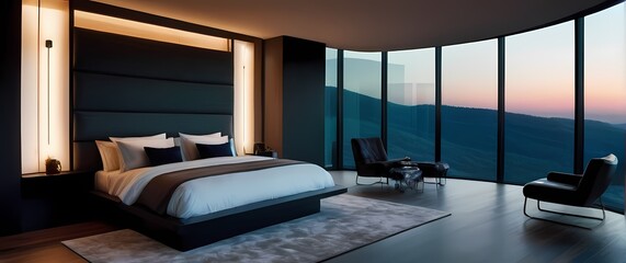 A stylishly designed bedroom with floor to ceiling windows revealing stunning panoramic views elegantly layered textures and colors inviting tranquility