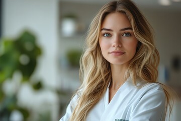 Fototapeta premium Engaging healthcare professional ready to assist at a modern medical facility