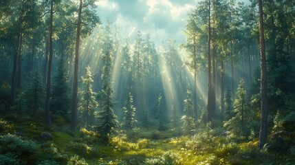 Fototapeta premium Sunbeams Illuminate Forest Path, Nature Background, Peaceful Scene