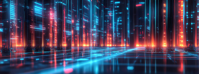 Glowing Digital Grid with Metallic Pillars