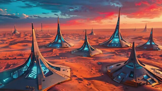 Futuristic technological alien civilization structures in a Mars like desert with advanced sci-fi architecture and glowing energy sources new beautiful stock video footage animation AI