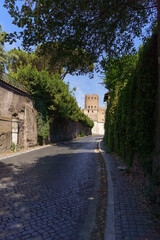 The well preserved porta San Sebastiano (Porta Appia) on Via Appia is the largest gate passing through the Aurelian Walls in Rome, Italy