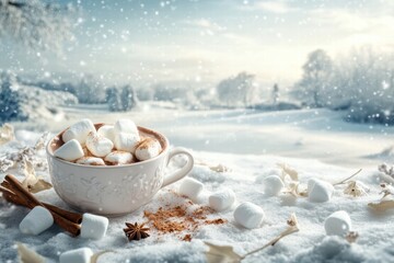 Delightful hot chocolate with marshmallows and cinnamon in a snowy landscape