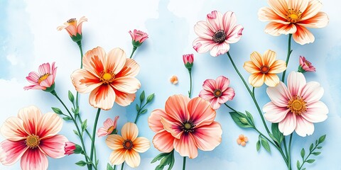Obraz premium Watercolor Blooms on Pastel Blue Canvas