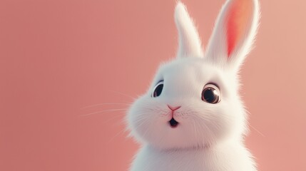 Obraz premium White rabbit in a field. Cute portrait of a rabbit surprised. Generative ai with pink background expression. A white rabbit in lifestyle a meadow.