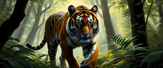 A stunning oil painting capturing the majesty of a tiger stealthily prowling through a charismatic woodland surrounded by dense foliage