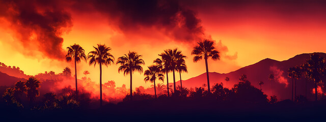 Fototapeta premium Smoky Hills and Palm Silhouettes at Dusk