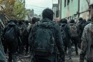 Survivors navigating a post-apocalyptic urban environment after recent catastrophic events