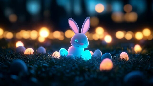 Glowing blue bunny with easter eggs in magical night garden with bokeh lights. Easter celebration, Spring equinox, Ostara festival, Earth day and Spring festival decoration concept. Nature magic