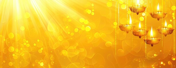 Shiny banner with oil lamps for Diwali Festival of lights decoration.