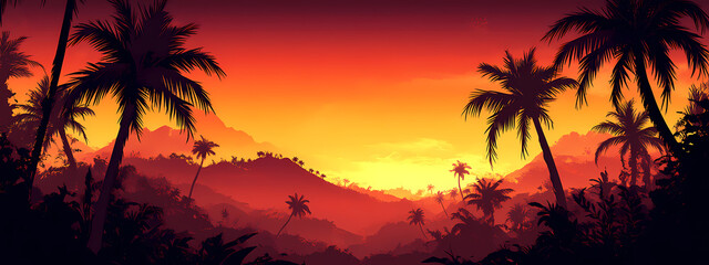 Obraz premium Silhouetted Palm Trees Against Fiery Sunset