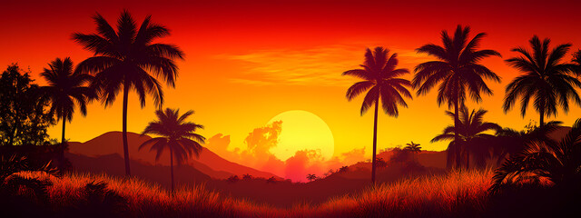 Obraz premium Silhouetted Palm Trees Against Fiery Sunset