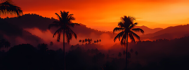 Fototapeta premium Silhouetted Palm Trees Against Fiery Sunset