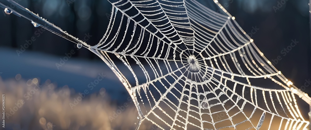 Wall mural a stunning closeup of glistening frost on a spiders web where delicate crystals create a mesmerizing