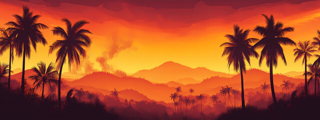 Obraz premium Silhouetted Palm Trees Against Fiery Sunset