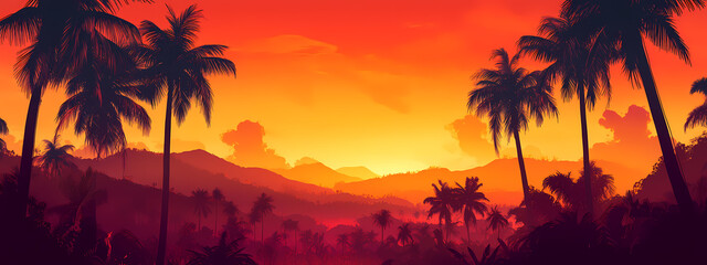 Obraz premium Silhouetted Palm Trees Against Fiery Sunset