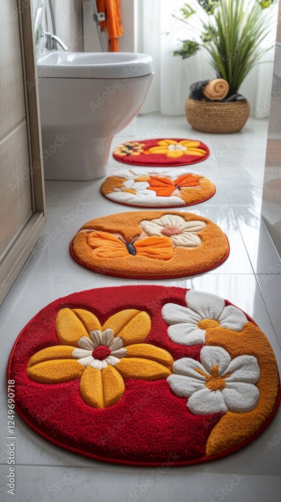 Poster colorful round rugs with flower and butterfly patterns bring life to a bathroom with white tiles. an